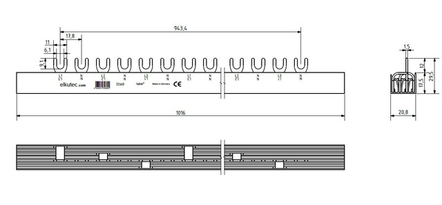Fördelningsskena 2P 16mm² 54 moduler L1+N+L2+N+L3+N PSA/RCBO Gaffel 