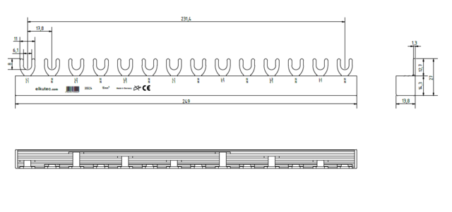 Fördelningsskena 2P 10mm² 14 moduler L1+N+L2+N+L3+N PSA/RCBO Gaffel 