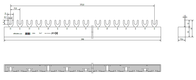 Fördelningsskena 2P 16mm² 22 moduler L1+N+L2+N+L3+N PSA/RCBO Gaffel 