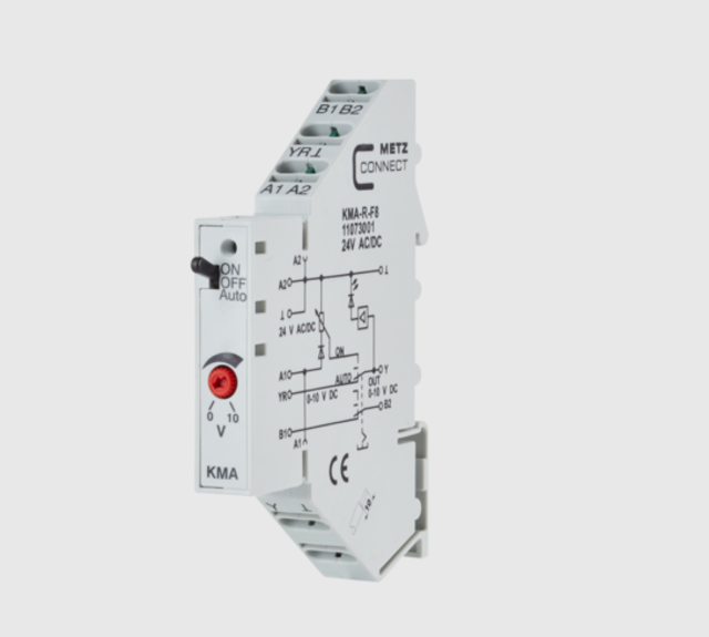 KMA-R-F8, Analog Hand/Auto modul, DIN LED, återf., 24VAC/DC 0-10V, galv.skild 