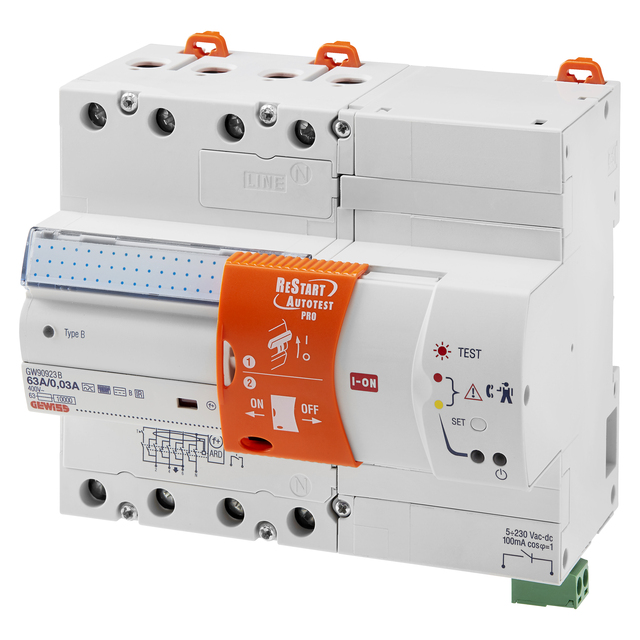 Jordfelsbrytare ReStart/Autotest 4P 63A, Typ B [IR], 30mA, 7 Moduler 