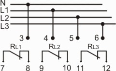 Trefas, Un=3x(150÷450)V+N; Kontaktorer 3×1NO (normalt öppna) 