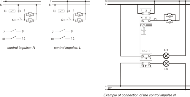 På/av, Un=230V eller 24V AC/DC, I=2×8A Kontakter 2NO, skruvanslutning, 1 modul 