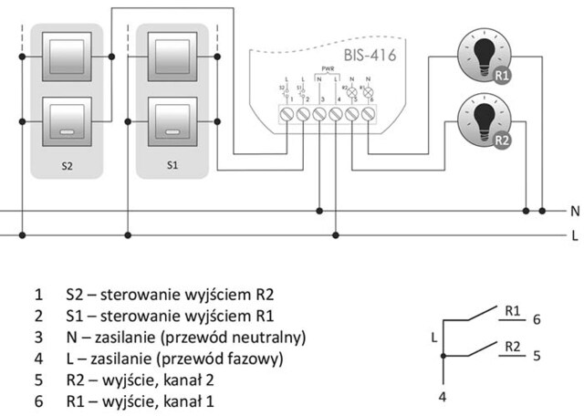 2-kanals på/av, Un=230V, I=2×8A Kontakter 2NO, skruvanslutning, 1 modul 
