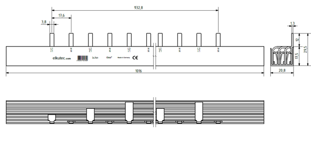 Fördelningsskena 4P 10mm² 54 moduler L1+N+L2+N+L3+N PIN PSA/RCBO 
