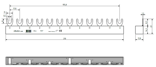 Fördelningsskena 2P 10mm² 12 moduler L1+N+L2+N+L3+N PSA/RCBO Gaffel 