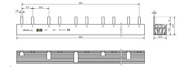 Fördelningsskena 4P 16mm² 46 moduler PIN L1+N+HJ+L2+N+HJ+L3+N+HJ AS112.446-46.101 