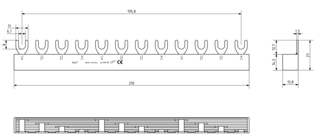 Fördelningsskena 4P 10mm² 12 moduler L1+L2+L3+N 50M6.412.101 Gaffel 