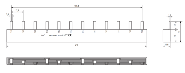 Fördelningsskena 3P 16mm² 12 moduler PIN L1+L2+L3 600.312.101 