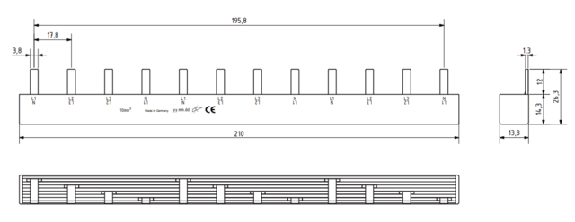 Fördelningsskena 4P 10mm² 12 moduler PIN L1+L2+L3 60.412.101 PSA/RCBO 