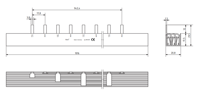 Fördelningsskena 4P 10mm² 54 moduler PIN L1,N,L2,N,L3,N AS190.001-112.101 